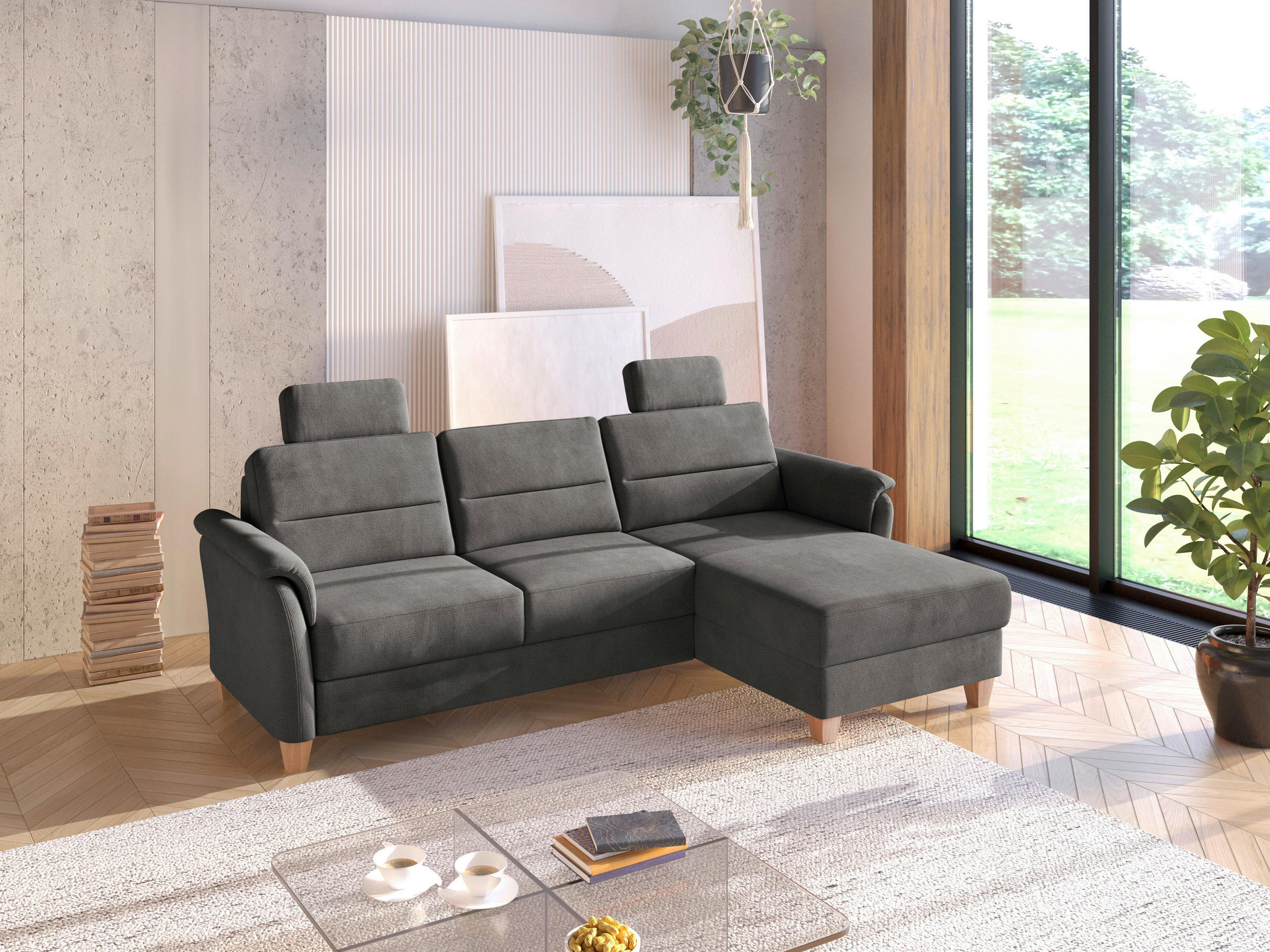 ECKSOFA PALMERA V in Flachgewebe Schwarz  244/163 cm  - Eichefarben/Schwarz, KONVENTIONELL, Holz/Textil (244/163cm) - Sit & More