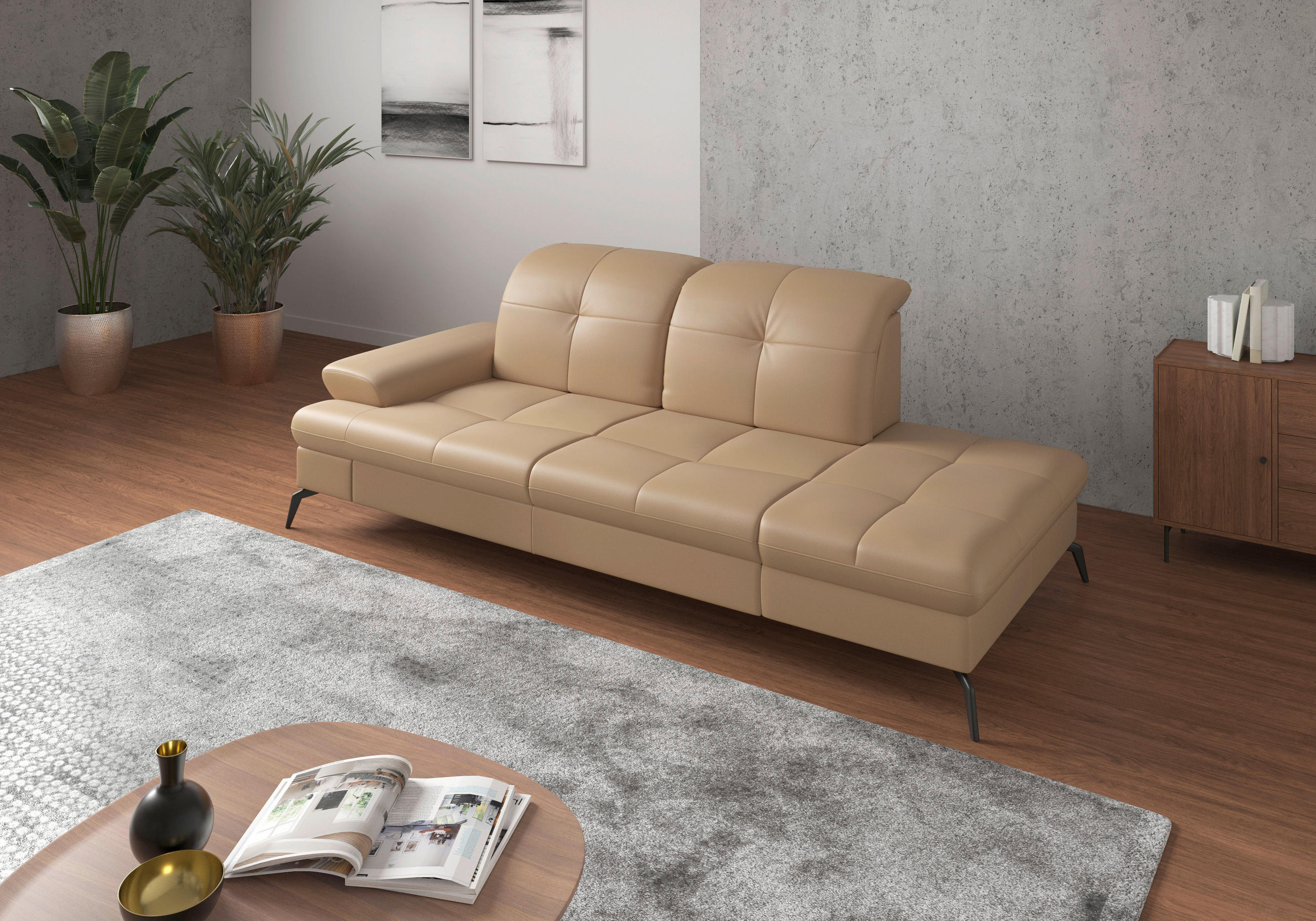 RÉCAMIERE Cappuccino Kombination Echtleder/Stoff Vliesstoff  - Schwarz/Cappuccino, KONVENTIONELL, Leder/Textil (231/90/122cm) - Sit & More