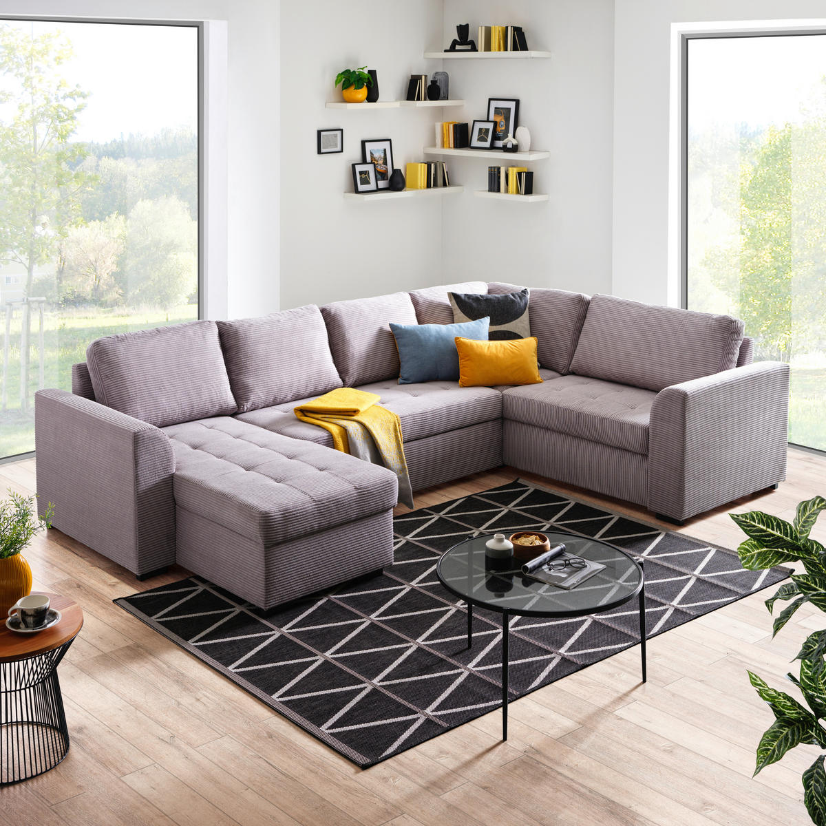 WOHNLANDSCHAFT in Cord, Velours Hellgrau  - Hellgrau/Schwarz, Design, Kunststoff/Textil (160/311/205cm) - Xora