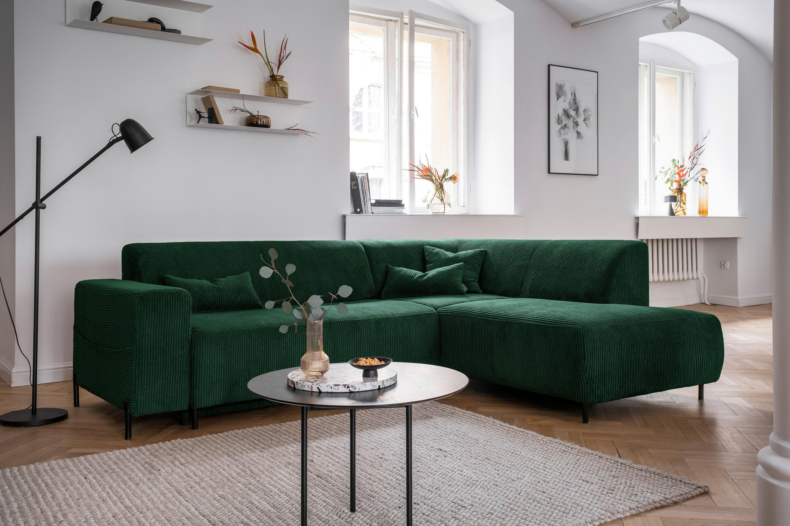 ECKSOFA in Cord Dunkelgrün  - Dunkelgrün/Schwarz, Textil/Metall (250/192cm) - MID.YOU