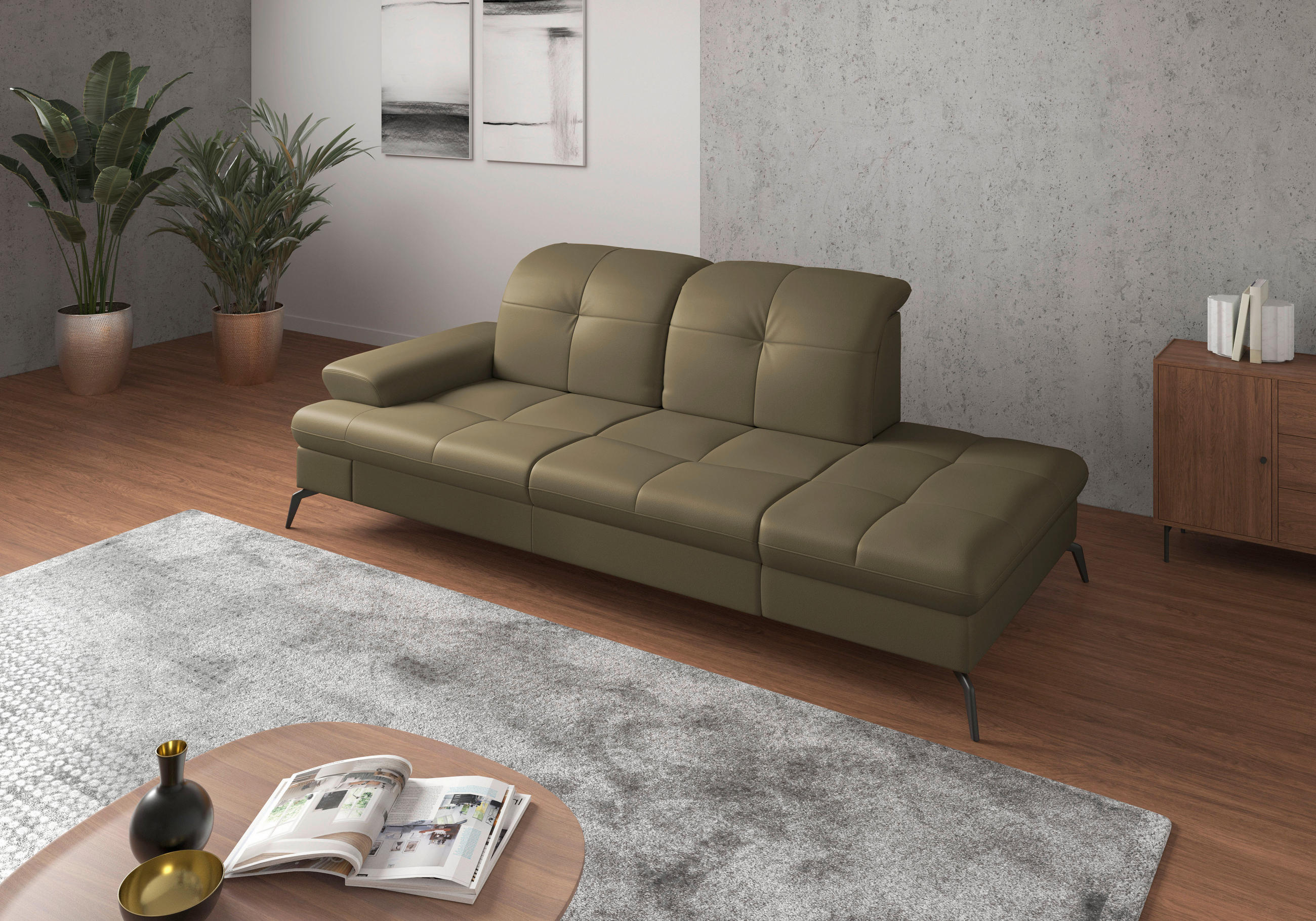 RÉCAMIERE Olivgrün Echtleder  - Schwarz/Olivgrün, KONVENTIONELL, Leder/Metall (231/90/122cm) - Sit & More