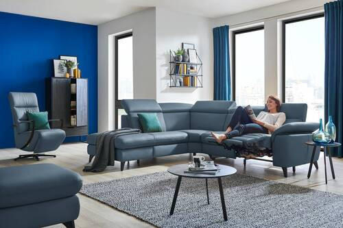 ECKSOFA in Echtleder Blau  - Blau/Schwarz, Design, Leder/Metall (239/285cm) - Cantus