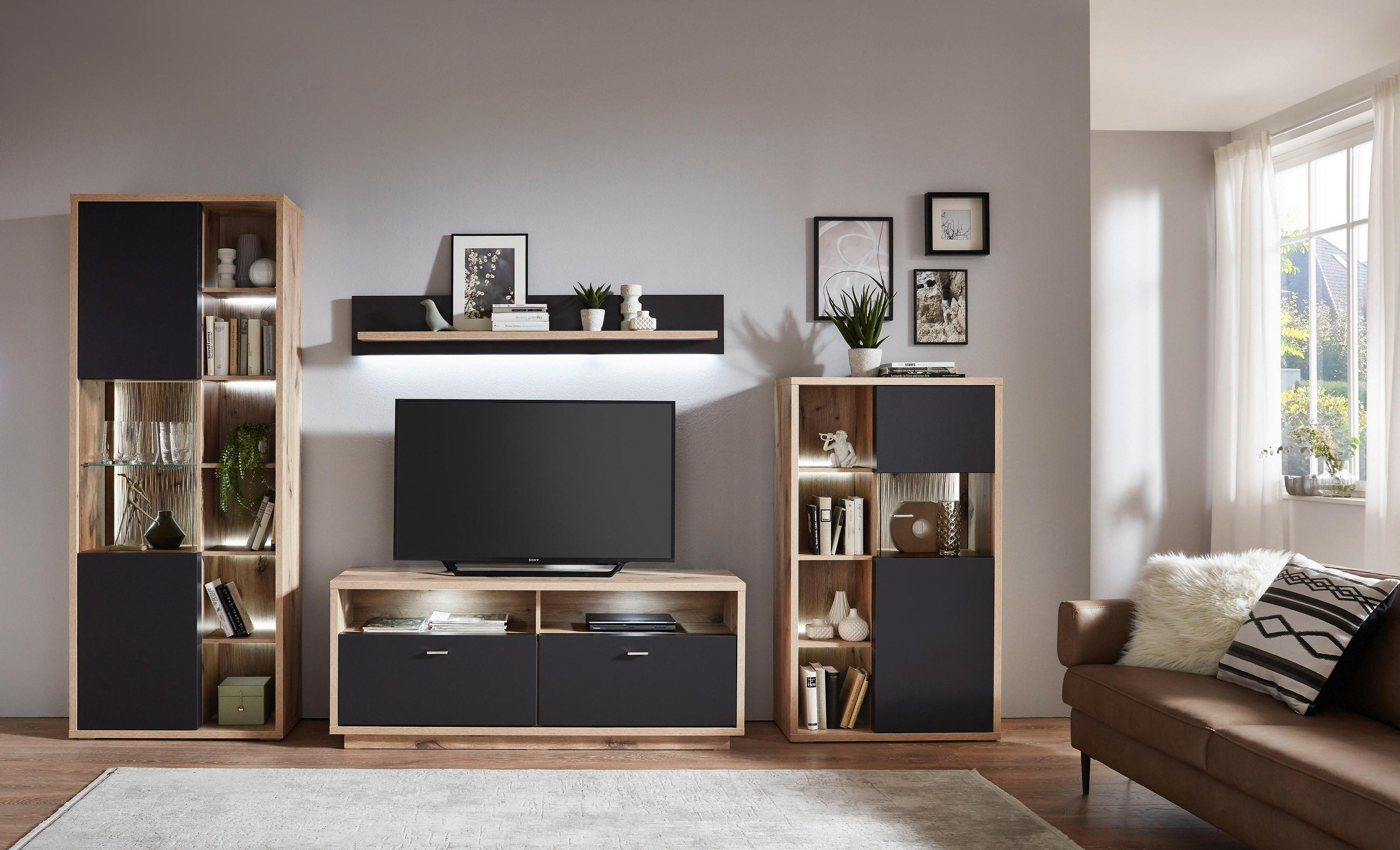 VITRINE Eichefarben, Dunkelgrau Einlegeböden - Eichefarben/Dunkelgrau, Design, Glas/Holzwerkstoff (81/206/37cm) - Stylife