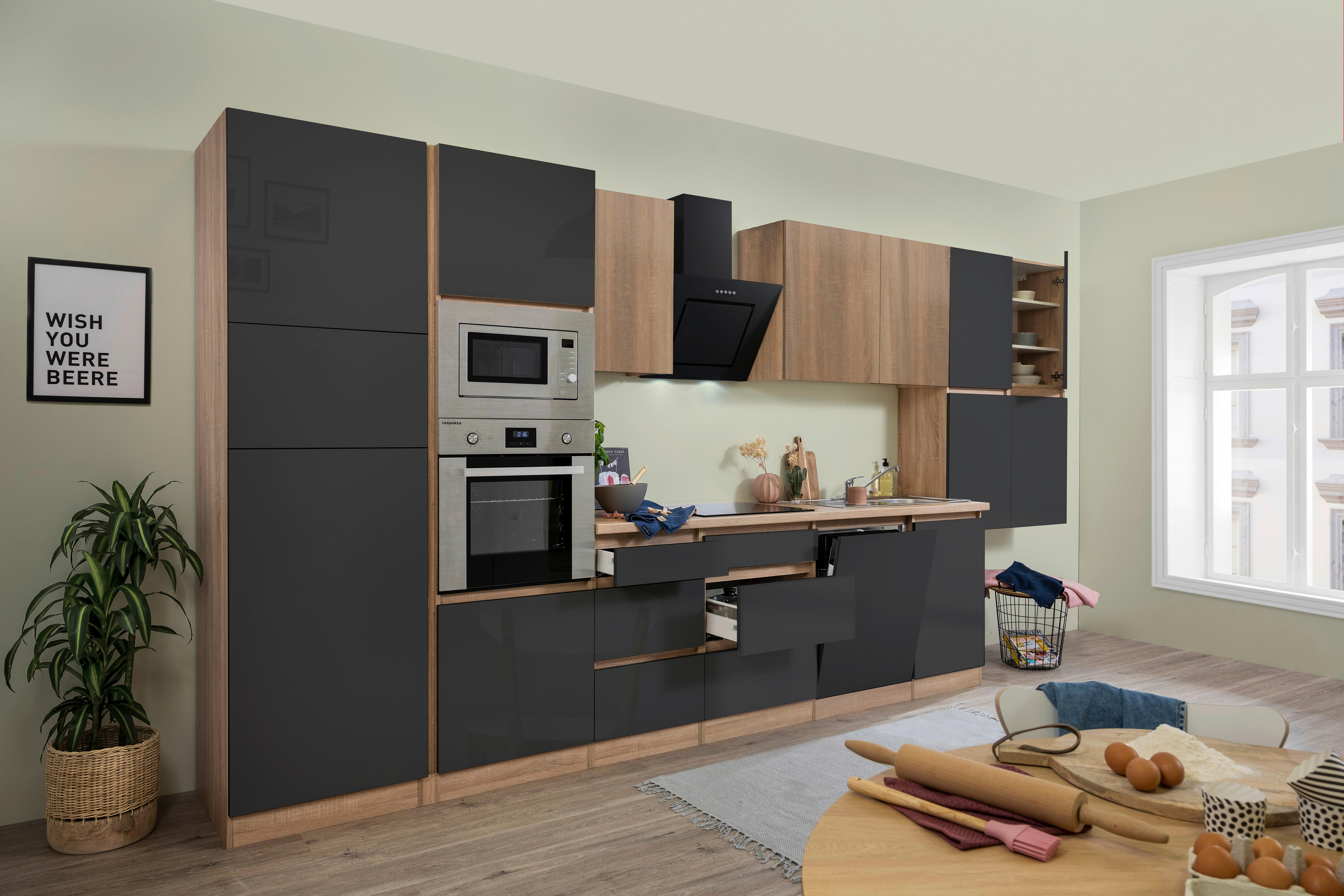 Küchenblock modern in Grau & Eiche mit Geräten