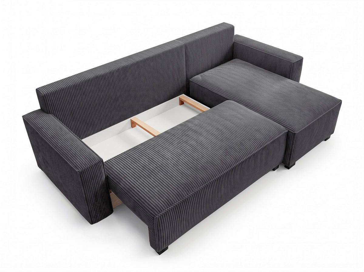 ECKSOFA Anthrazit Cord Rückenkissen, Bettkasten, Schlaffunktion, Rücken echt, Liegefläche im Originalstoff  - Anthrazit/Schwarz, MODERN, Kunststoff/Textil (232/140cm) - Xora