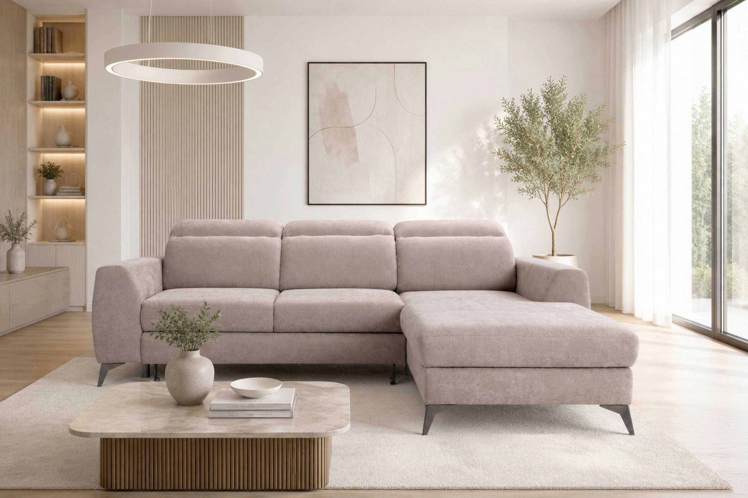 ECKSOFA Chenille Beige  - Beige/Schwarz, Basics, Textil/Metall (264/191cm) - Livetastic