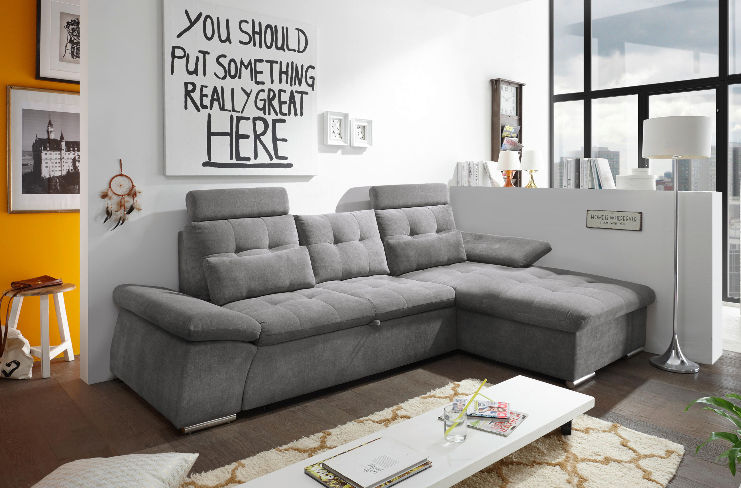 ECKSOFA Grau Mikrovelours  - Silberfarben/Grau, KONVENTIONELL, Kunststoff/Textil (268/170cm) - MID.YOU