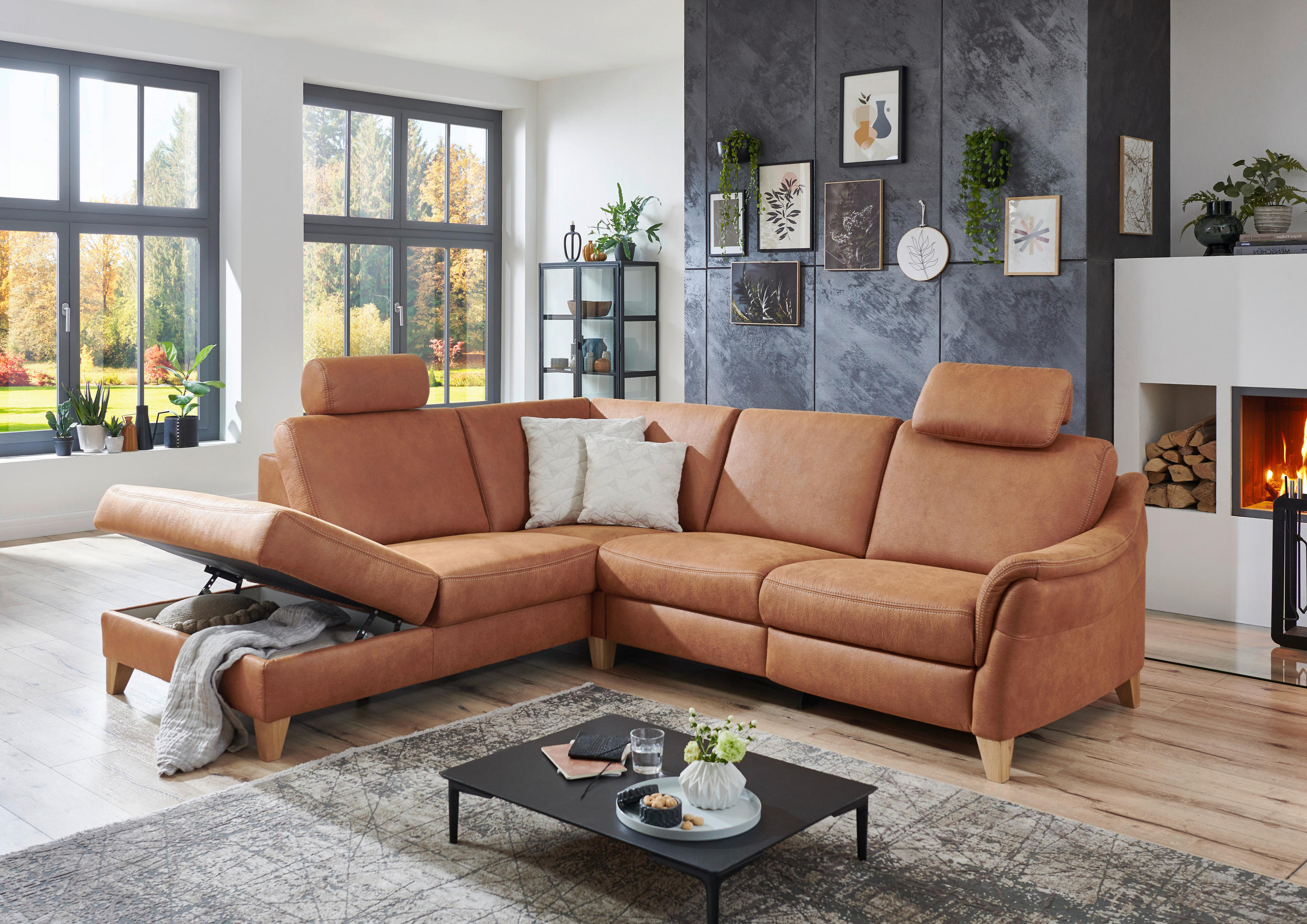 ECKSOFA in Flachgewebe Braun  - Wildeiche/Braun, Natur, Holz/Textil (225/255cm) - Voleo