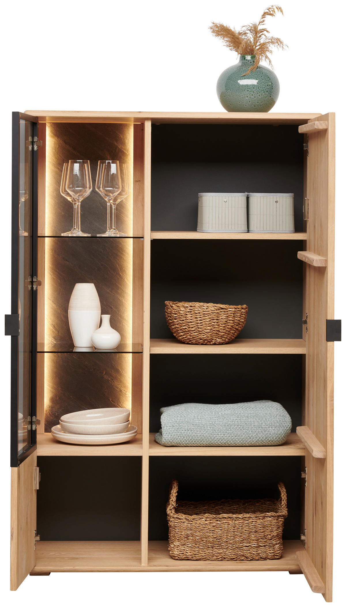 HIGHBOARD Eiche Bianco  91,1/140,8/42 cm  - Eiche Bianco/Schwarz, Natur, Glas/Holz (91,1/140,8/42cm) - Linea Natura