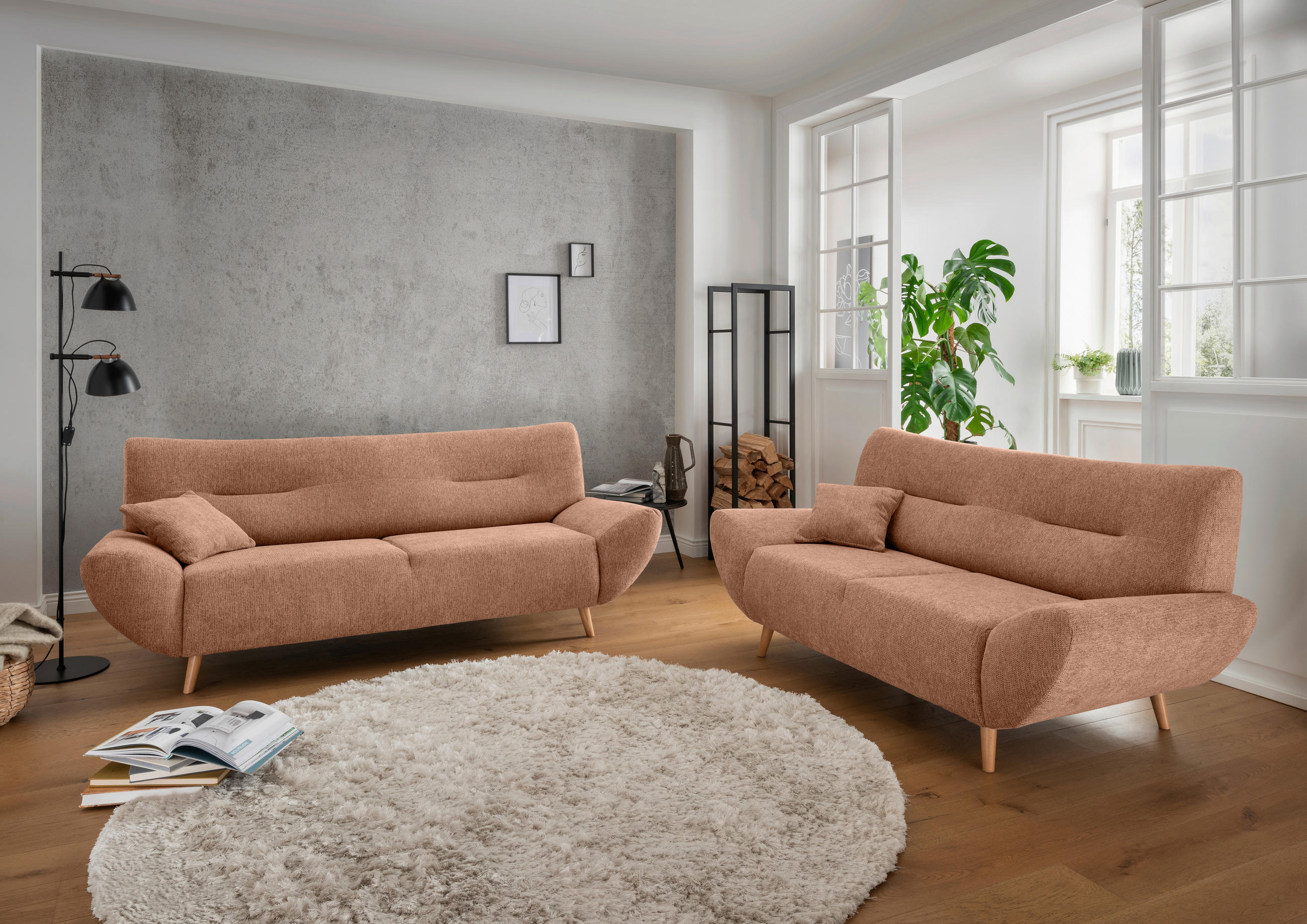 2-SITZER-SOFA Chenille Koralle  - Wildeiche/Koralle, MODERN, Holz/Textil (173/81/90cm) - MID.YOU