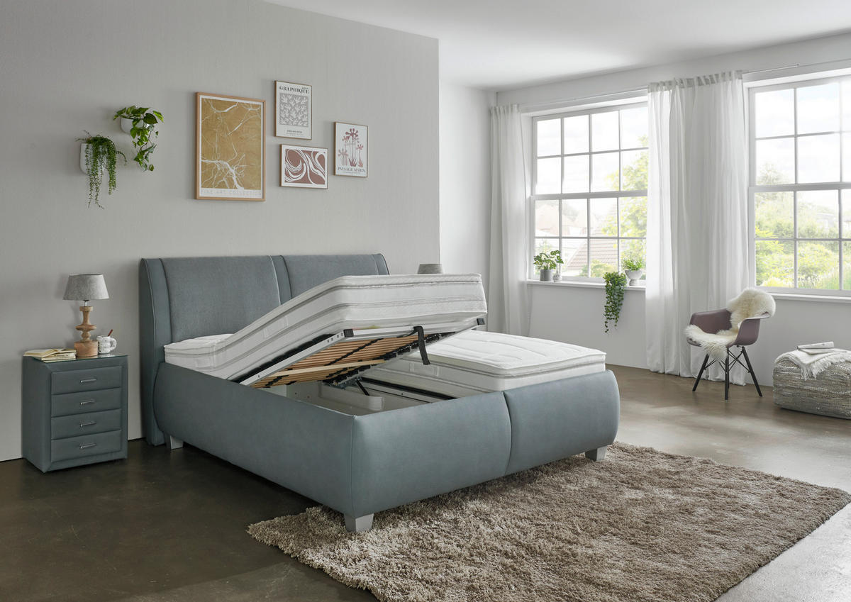POLSTERBETT 180/200 cm,  in Blaugrau, Matratze, Lattenrost, Bettkasten, unterschiedliche Matratzenhärtegrade je Bettseite, H2 + H2 = mittel  - Silberfarben/Blaugrau, Design, Holzwerkstoff/Kunststoff (180/200cm) - Beldomo - Sleep