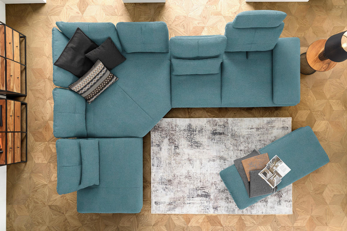ECKSOFA in Flachgewebe Hellblau  - Schwarz/Hellblau, Design, Textil/Metall (271/344cm) - Chilliano