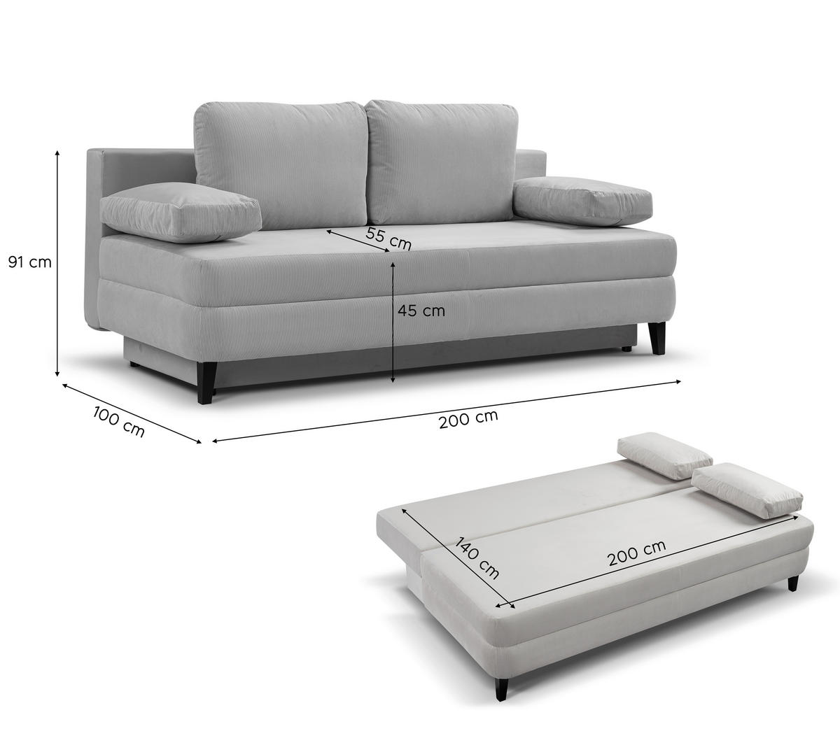 SCHLAFSOFA SORTO  mit Liegefunktion Cord Hellgrau  - Hellgrau/Schwarz, Basics, Holz/Textil (200/91/100cm) - MID.YOU