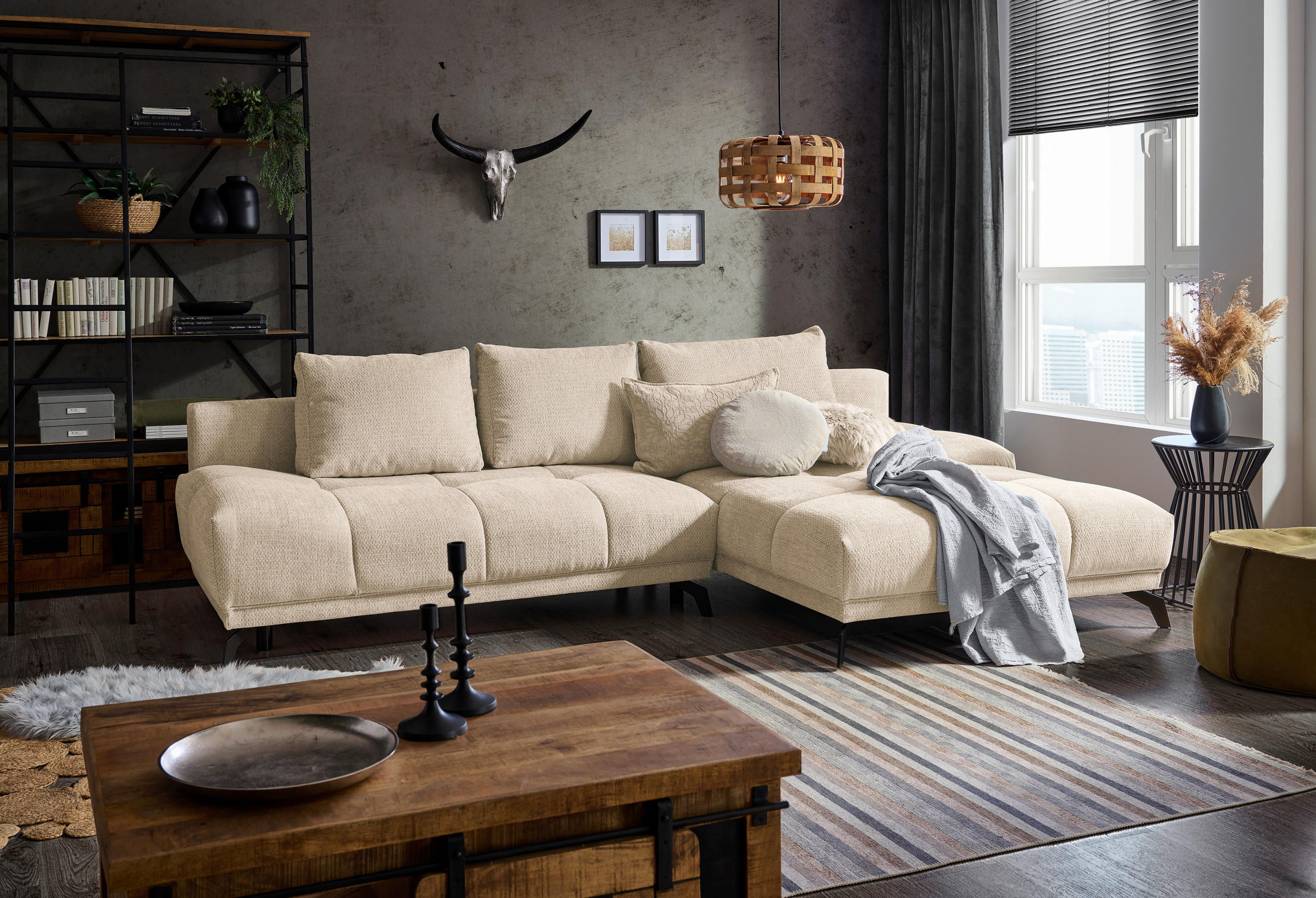 ECKSOFA Creme Chenille  - Creme/Schwarz, MODERN, Textil/Metall (290/182cm) - Hom`in