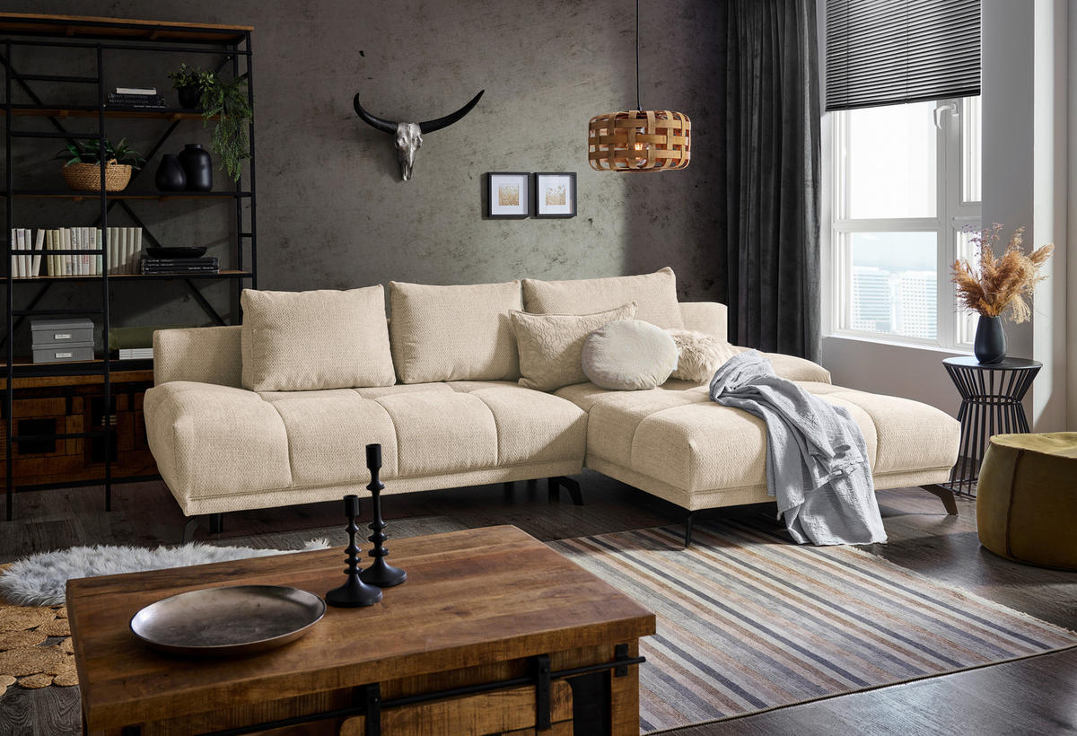 ECKSOFA in Chenille Creme  - Creme/Schwarz, MODERN, Textil/Metall (290/182cm) - Hom`in