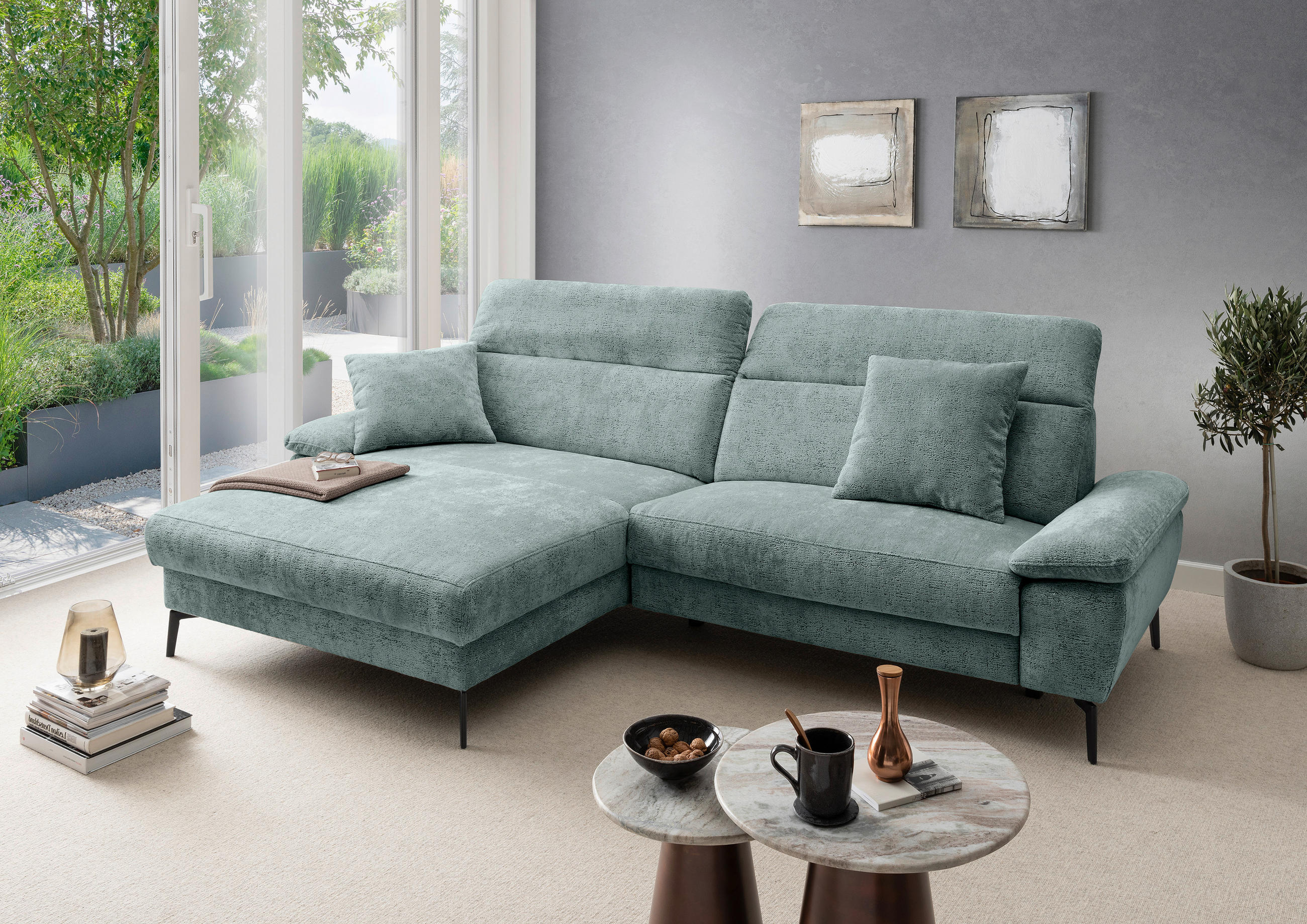 ECKSOFA Chenille Türkis  - Türkis/Schwarz, Konventionell, Textil/Metall (178/300cm) - Livetastic