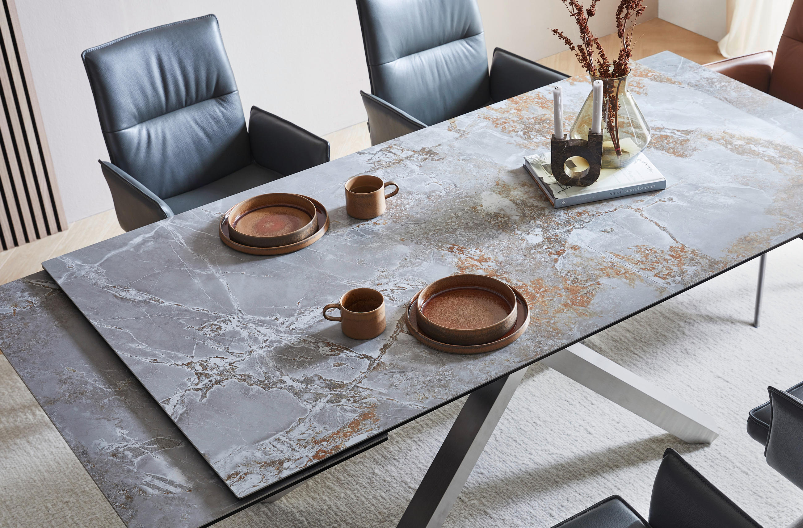 Thumbnail - Novel Esstisch, Edelstahl, Hellgrau, Hellbraun, Metall, Glas, Keramik, rechteckig, eckig, 98x76x180-280 cm, ausziehbar, ...