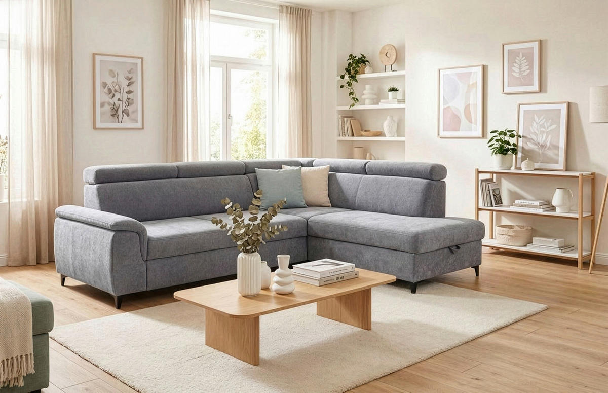 ECKSOFA Hellgrau Chenille Bettkasten, Schlaffunktion, Rücken echt, Kopfteilverstellung, Liegefläche im Originalstoff  - Hellgrau/Schwarz, KONVENTIONELL, Textil/Metall (265/206cm) - Carryhome