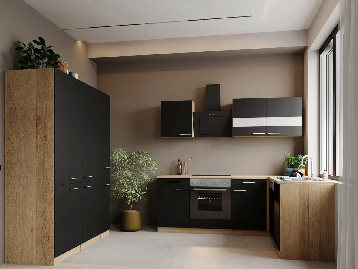ECKKÜCHE Merle 370/172 cm  in Schwarz  - Edelstahlfarben/Eichefarben, Trend, Holzwerkstoff/Metall (370/172cm) - Respekta