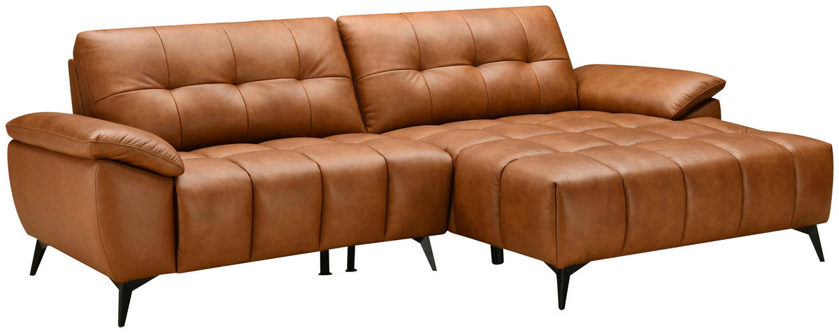 ECKSOFA in Lederlook Echtleder Cognac   - Cognac/Schwarz, Design, Leder/Textil (266/86/120cm) - MID.YOU