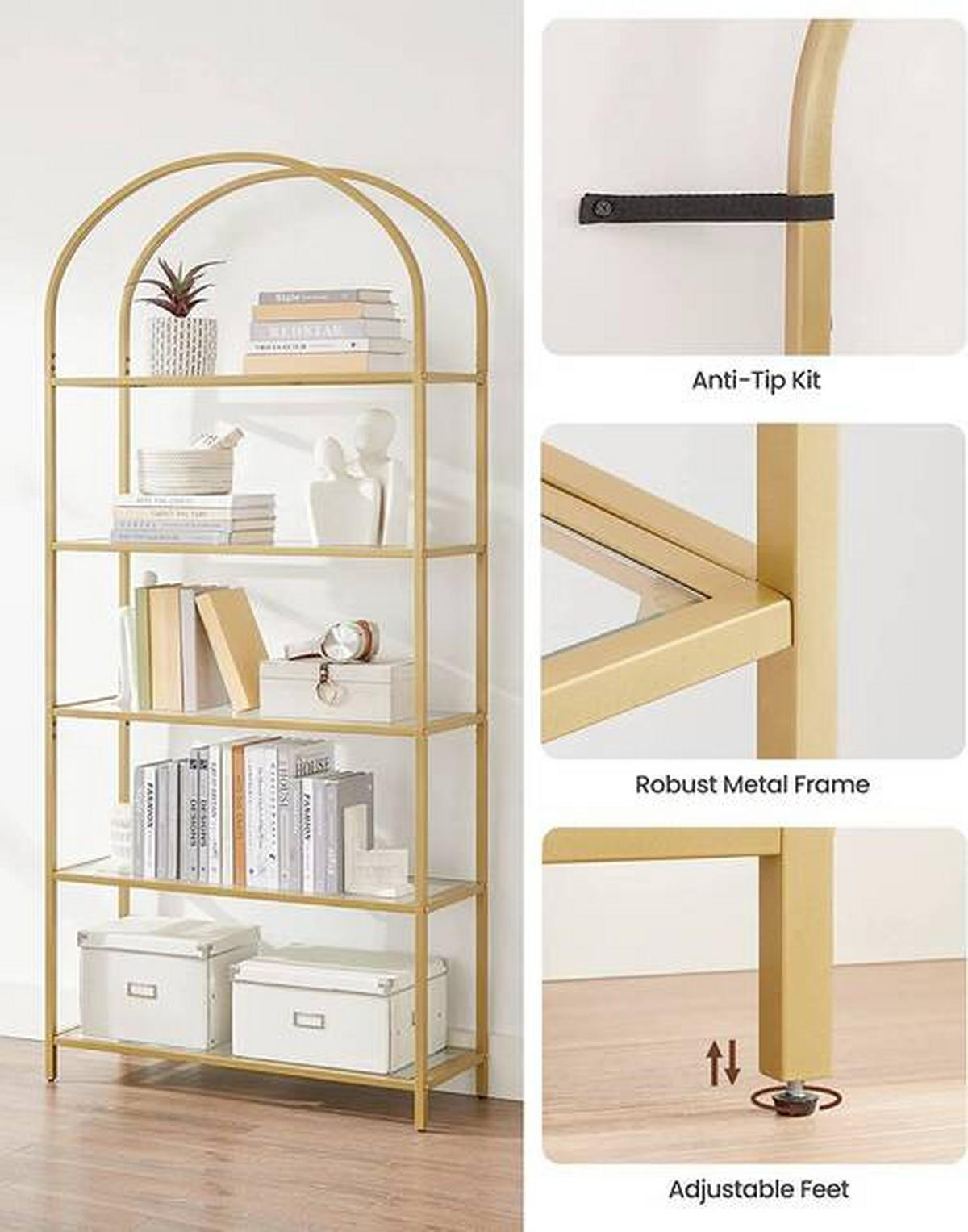 BÜCHERWAND Goldfarben  - Goldfarben, Basics, Glas/Metall (83/183,5/30,2cm) - Boxxx