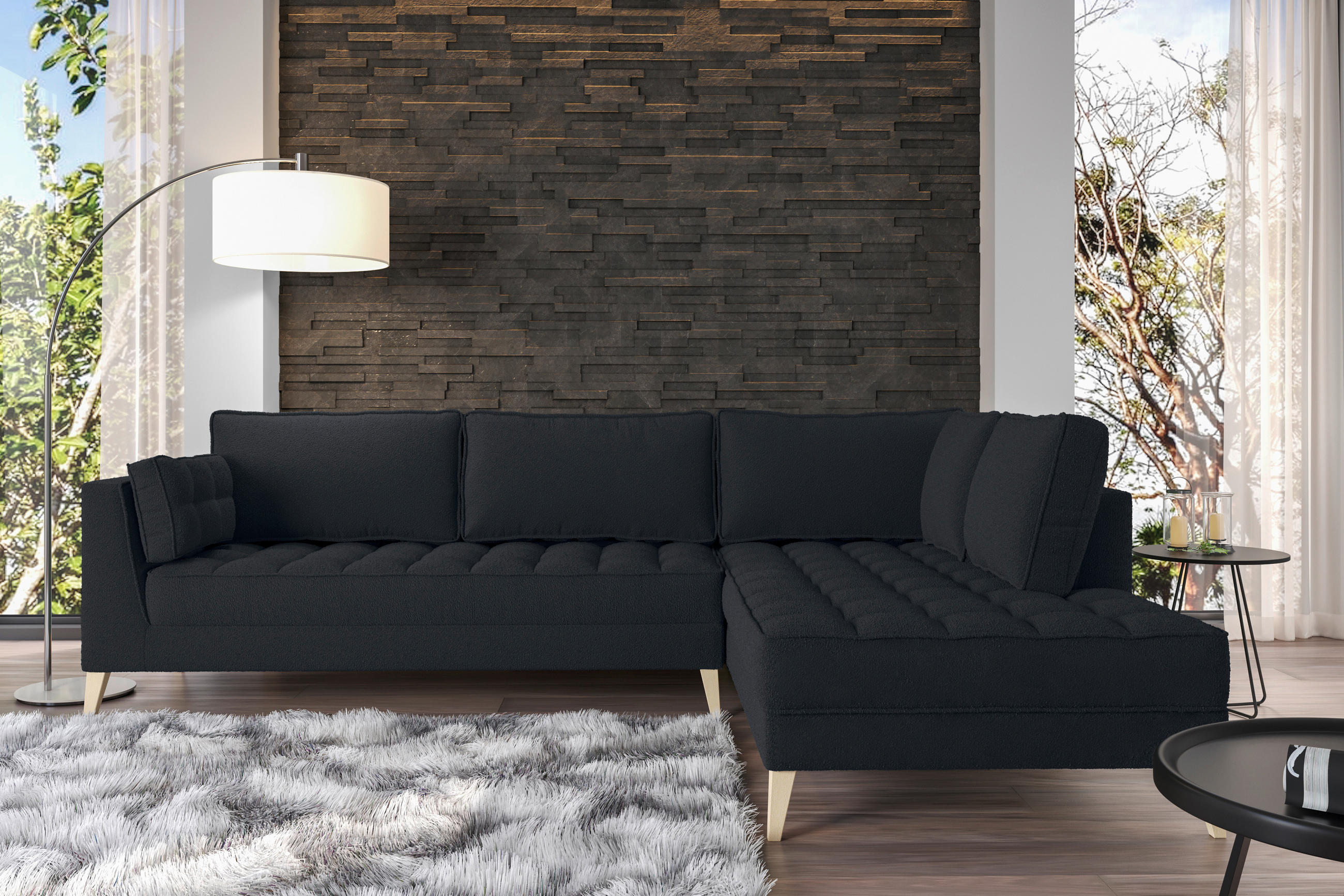 ECKSOFA Schwarz Bouclé  - Schwarz/Naturfarben, Design, Holzwerkstoff/Textil (310/204cm) - MID.YOU