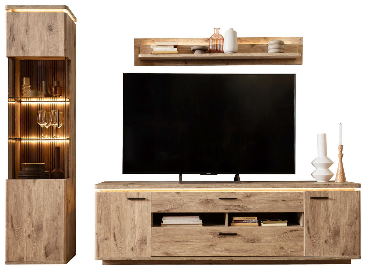 WOHNWAND 3-teilig  in Eichefarben  270/208/50 cm  - Eichefarben/Anthrazit, KONVENTIONELL, Glas/Holzwerkstoff (270/208/50cm) - Cantus