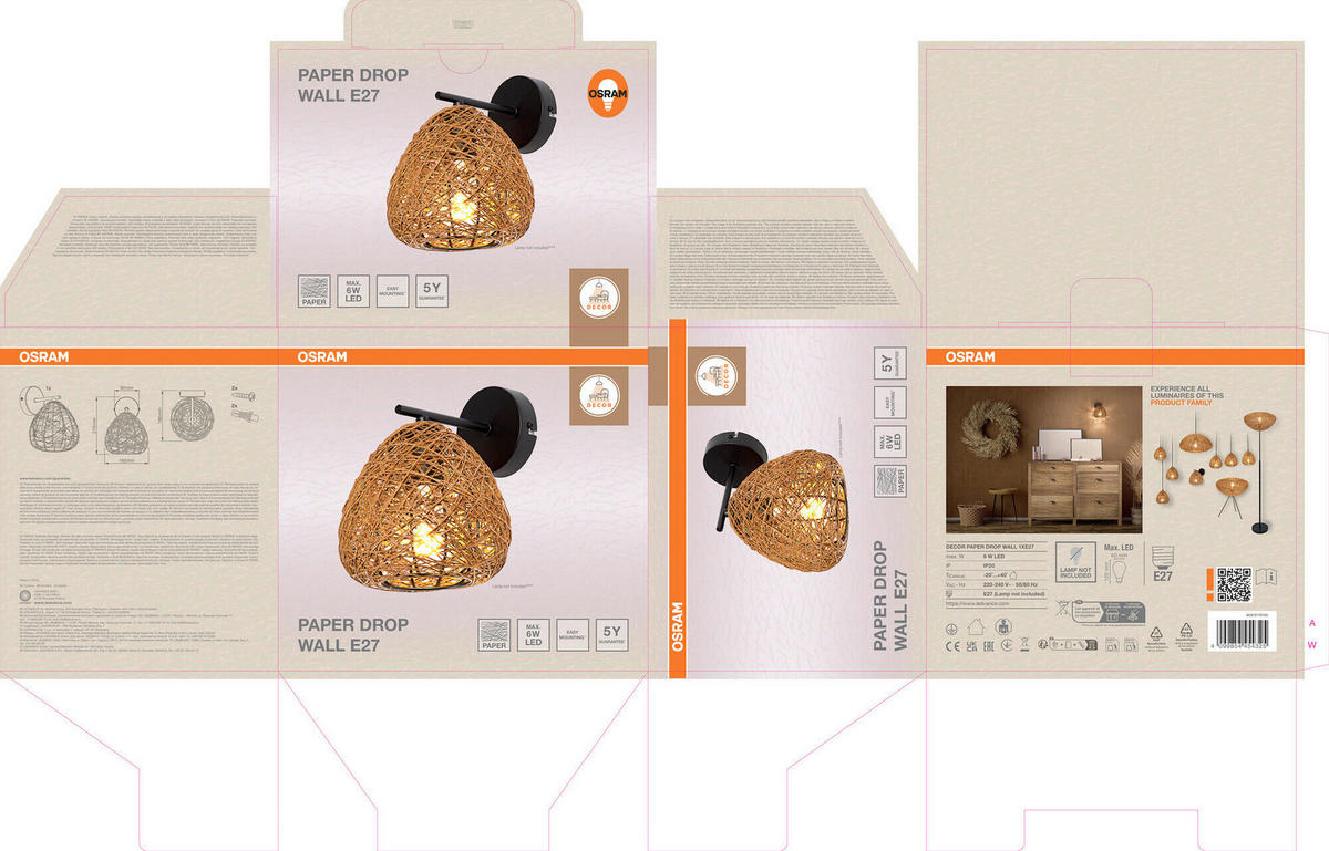 WANDLEUCHTE 16/18.6/21 cm   - Beige, Natur, Papier/Metall (16/18.6/21cm) - Osram