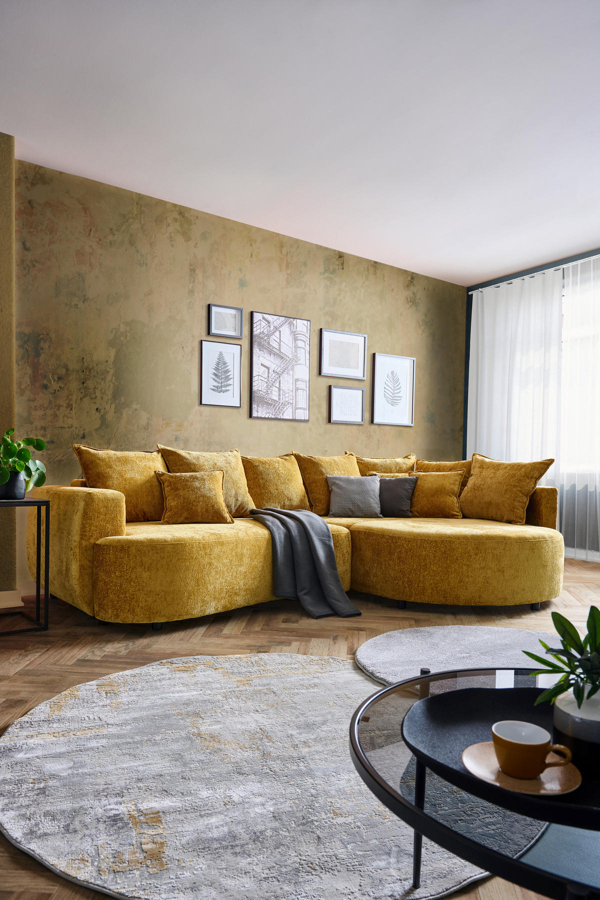 ECKSOFA in Chenille Goldfarben  - Goldfarben/Schwarz, Design, Kunststoff/Textil (307/194cm) - Carryhome