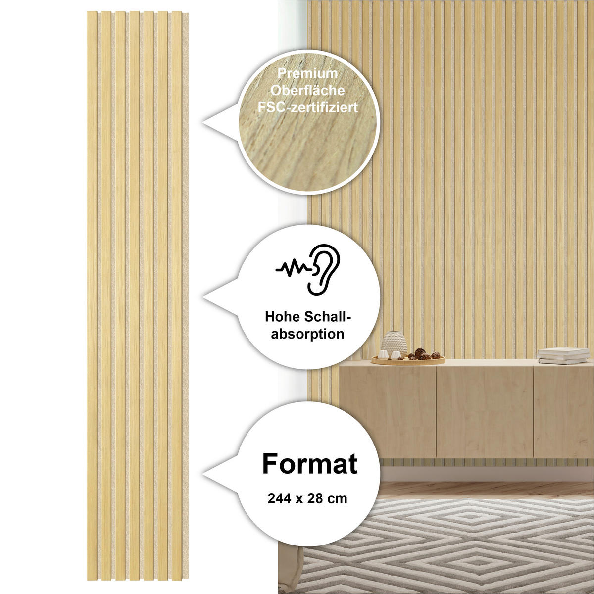 AKUSTIKPANEEL Echtholz Lean  - Eichefarben/Beige, KONVENTIONELL, Holz/Kunststoff (244/28/1.6cm) - Novel