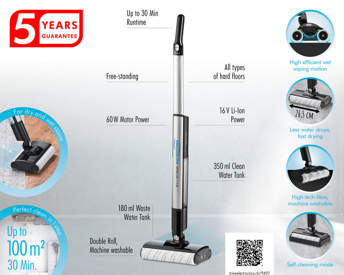 HARTBODENREINIGER  T9746  - Silberfarben, KONVENTIONELL, Kunststoff (17.4/28.4/113cm) - Trisa Electronics