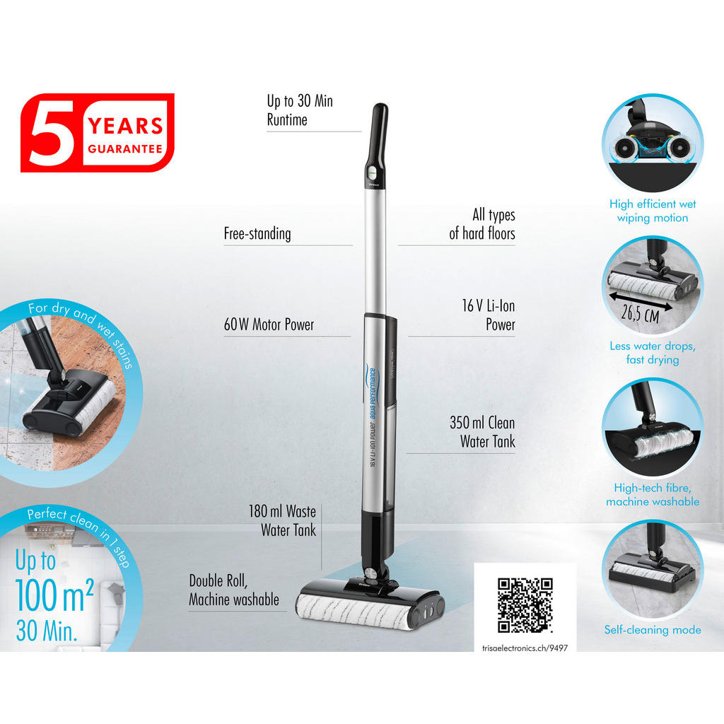 Thumbnail - Trisa Electronics Hartbodenreiniger, Kunststoff, 28.4x113x17.4 cm, RoHS, Fsc, ergonomischer Griff, kabellos, Ladeanzeige...