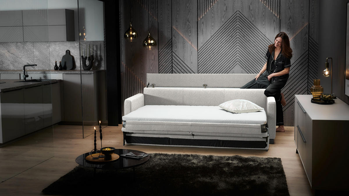 SCHLAFSOFA Flachgewebe Ecru haustierfreundlicher Bezug, Armteil rechts, Armteil links, Bettfunktion erhältlich, Schlafen auf Sitzhöhe, Stoffauswahl  - Ecru/Schwarz, Konventionell, Textil/Metall (232/77/116cm) - Dieter Knoll