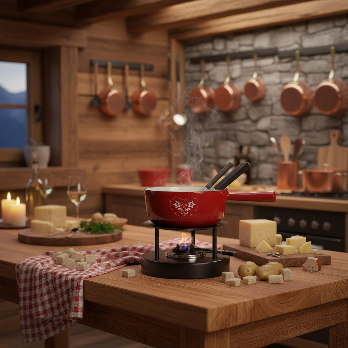 FONDUESET Heidi Cheese Line: Folk Set 1  - Weiss/Rot, Basics, Metall (46/24/12cm) - Heidi Cheese Line