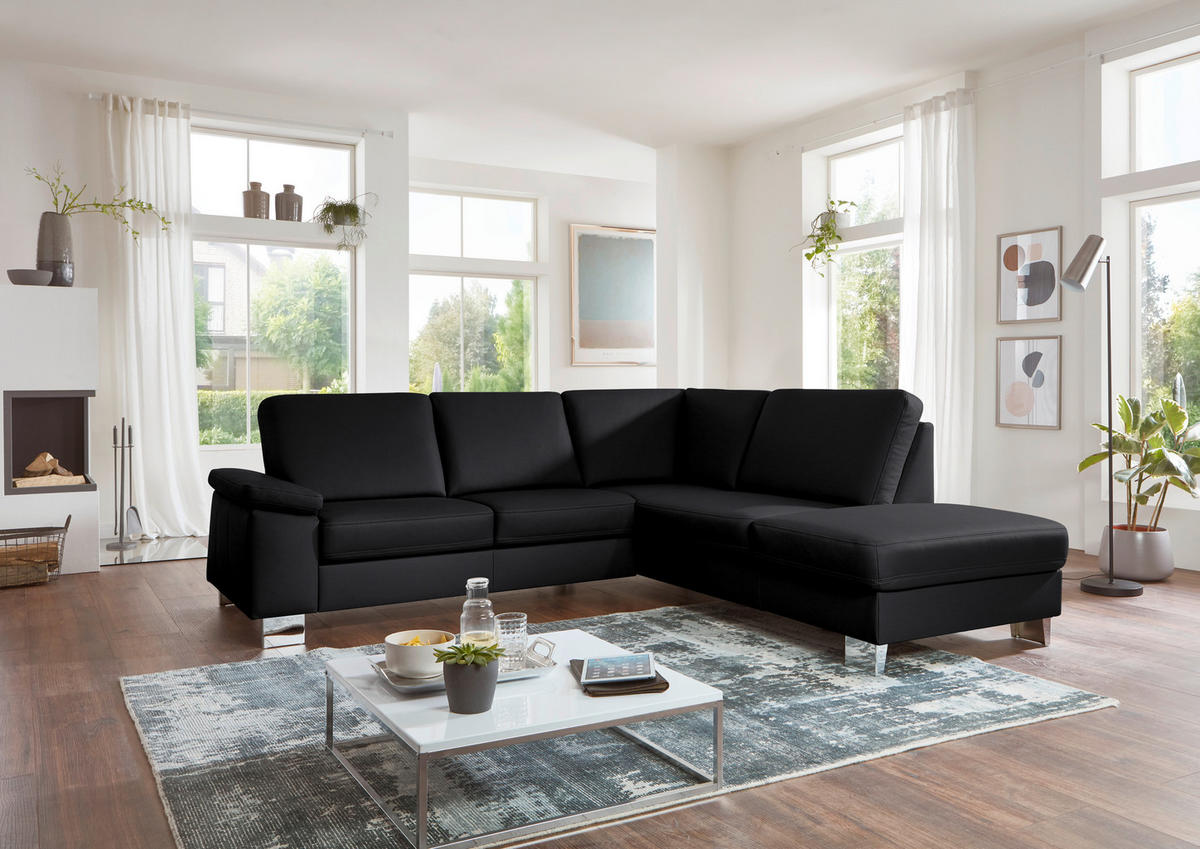 ECKSOFA  in Echtleder Schwarz  248/235 cm  - Alufarben/Schwarz, Design, Leder/Metall (248/235cm) - Beldomo Premium
