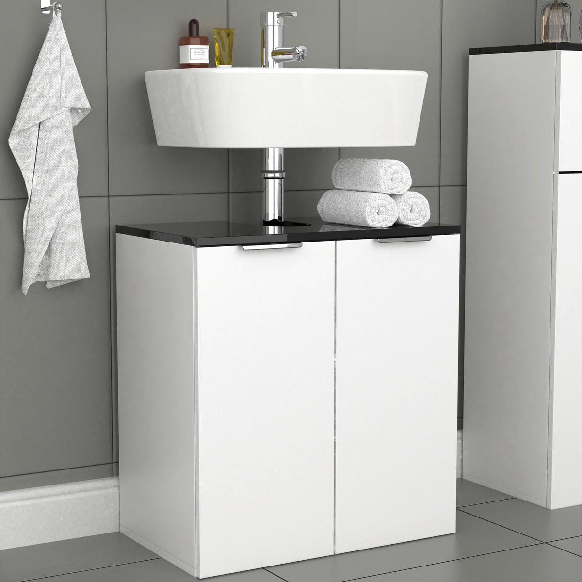 TVÄTTSTÄLLSUNDERSKÅP 56/60/34 cm  - vit/silver, Modern, metall/trämaterial (56/60/34cm) - MID.YOU