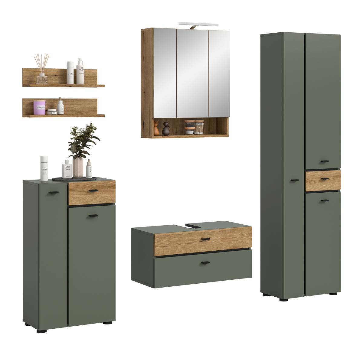 BADEZIMMER 5-teilig  in 177 cm  - Eichefarben/Schwarz, Trend, Glas/Holzwerkstoff (177cm) - MID.YOU
