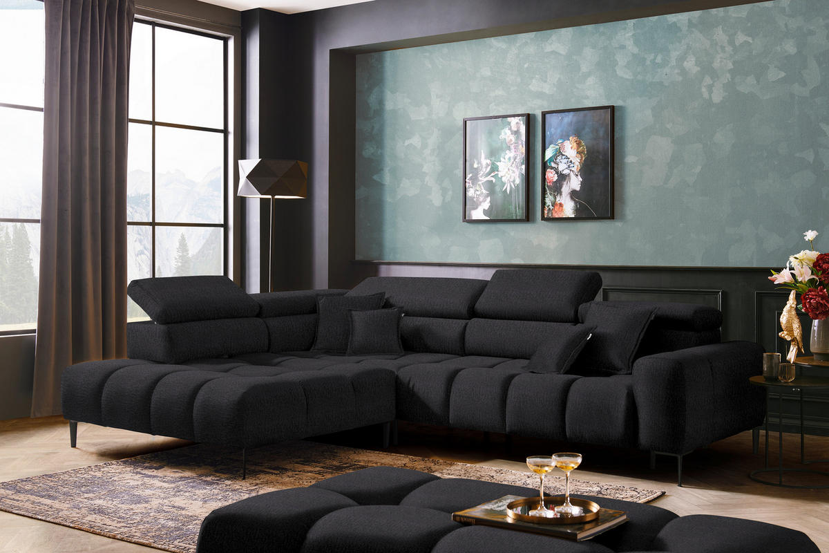 ECKSOFA Dunkelgrau Samt, Webstoff  - Dunkelgrau/Schwarz, Design, Textil/Metall (216/300cm) - Welnova
