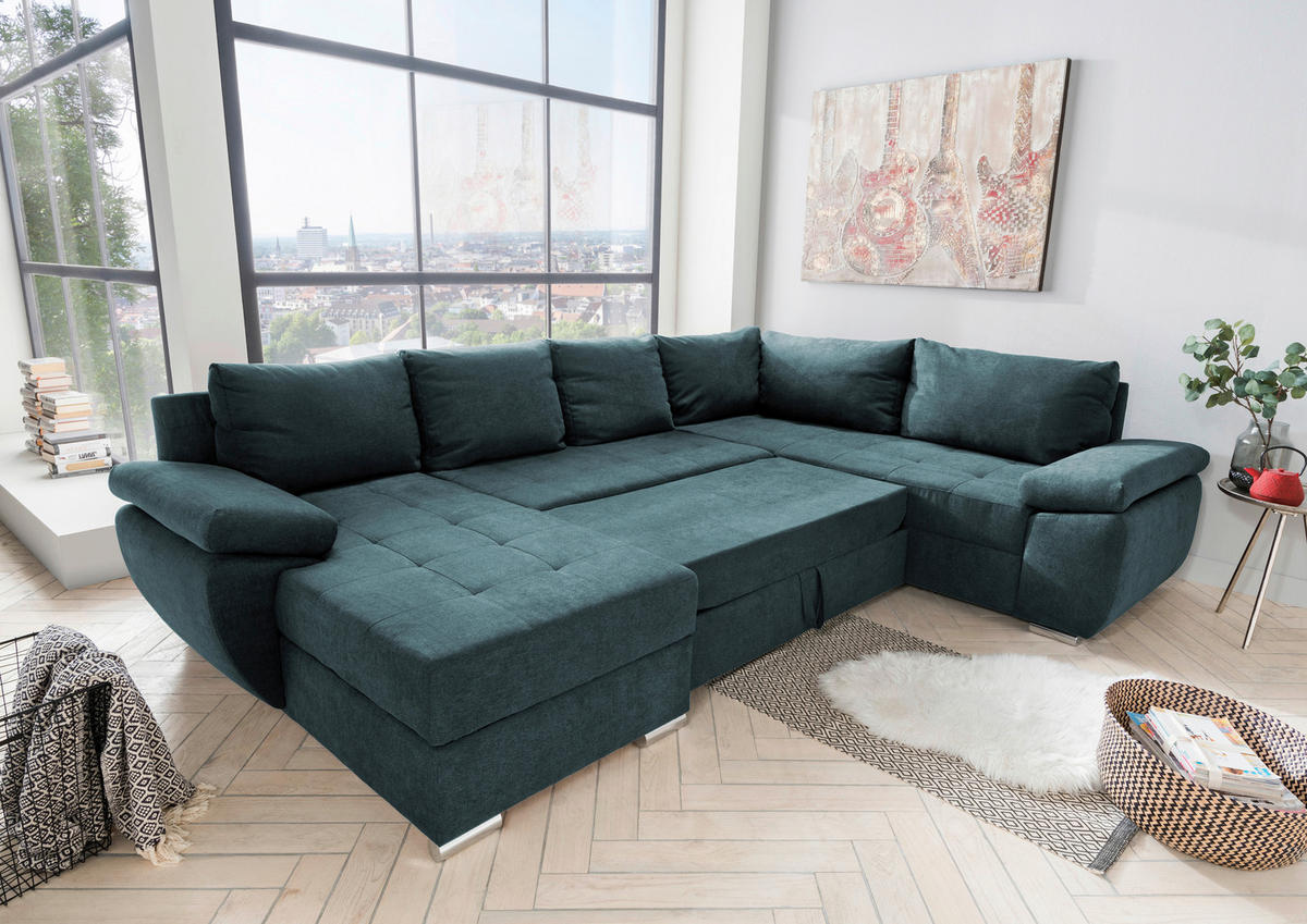 WOHNLANDSCHAFT Petrol Mikrofaser  - Chromfarben/Petrol, KONVENTIONELL (157/305/219cm) - Livetastic
