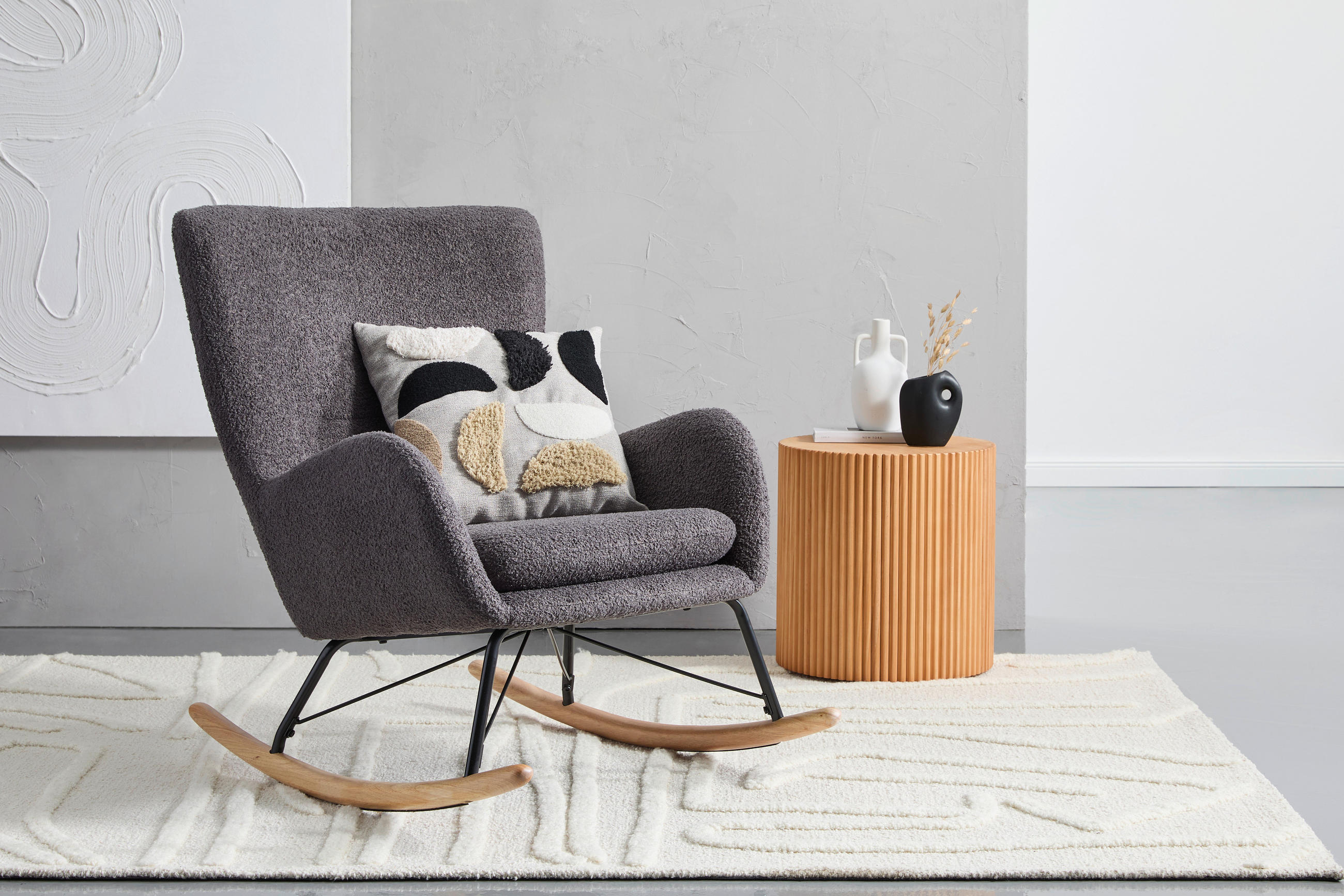 SCHAUKELSTUHL in Teddystoff Grau  - Naturfarben/Grau, LIFESTYLE, Holz/Textil (71/94/91cm) - Novel
