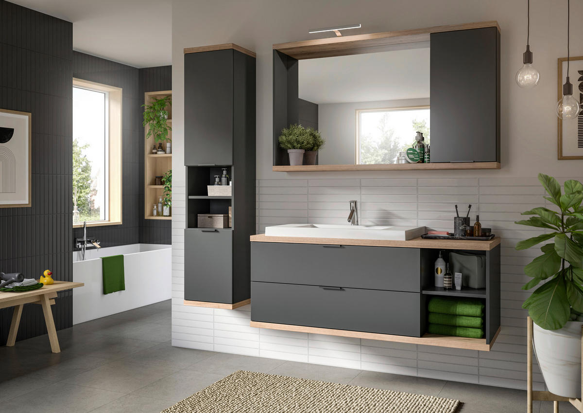 BADEZIMMER 3-teilig  in 130 cm  - Anthrazit/Schwarz, Basics, Glas/Holzwerkstoff (130cm) - MID.YOU