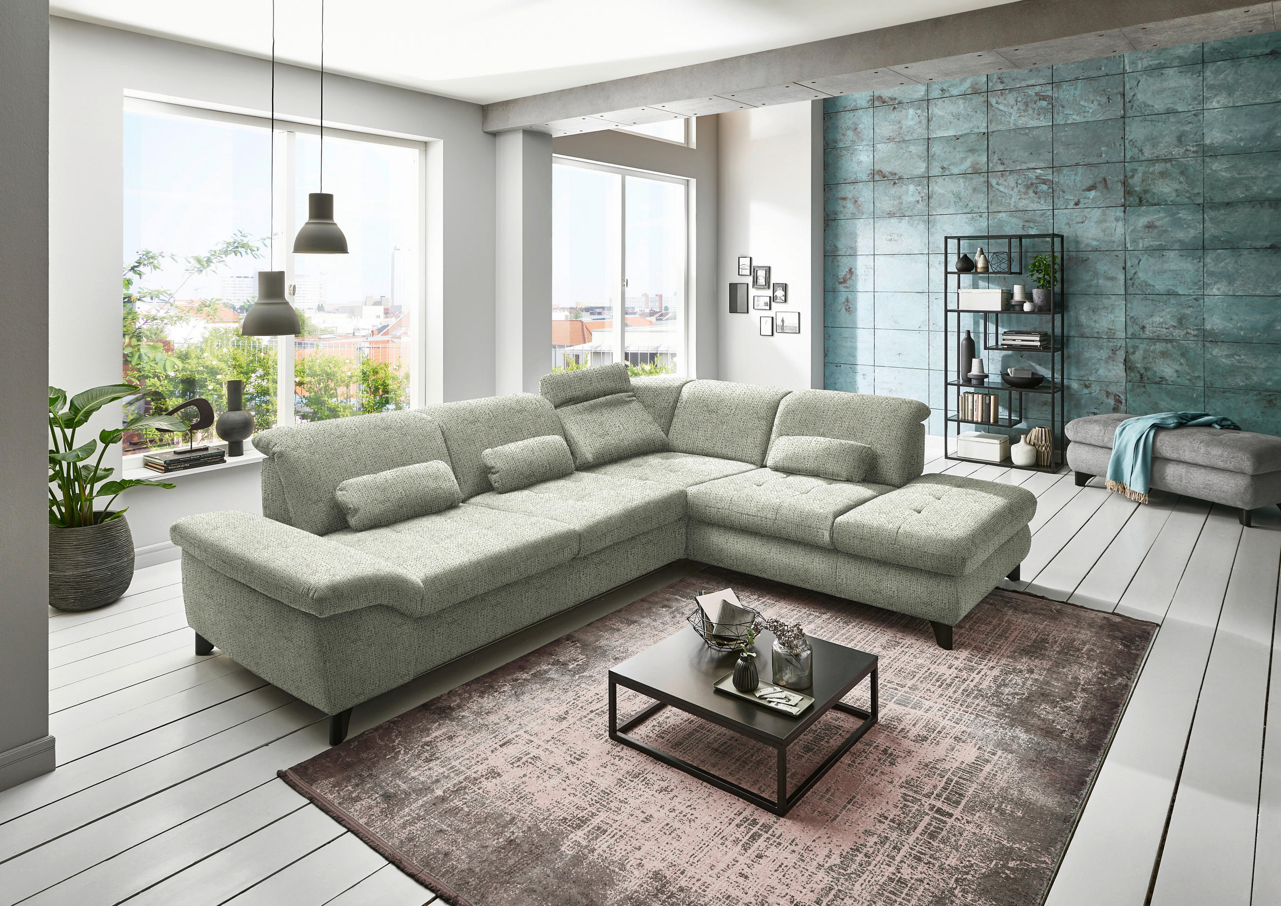 ECKSOFA Grün Webstoff  - Chromfarben/Grün, Design, Textil/Metall (319/260cm) - Beldomo Style