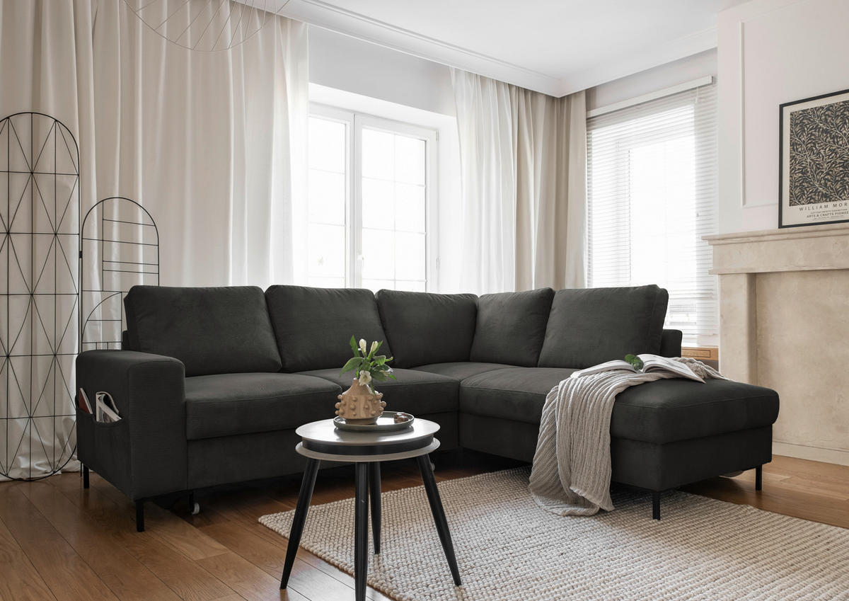 ECKSOFA in Cord Grau  - Schwarz/Grau, Design, Textil/Metall (237/197cm) - MID.YOU