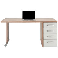 PSACÍ STŮL, bílá, vysoce lesklá bílá, trámové dubové dřevo, 160/72,8/80 cm - bílá/trámové dubové dřevo, Moderní, kov/kompozitní dřevo (160/72,8/80cm) - Premium Living