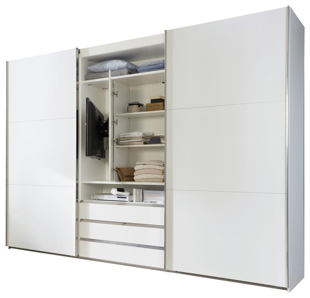 SCHWEBETÜRENSCHRANK 300/216/65 cm 2-türig Weiß  - Edelstahlfarben/Weiß, MODERN, Holzwerkstoff/Metall (300/216/65cm) - MID.YOU