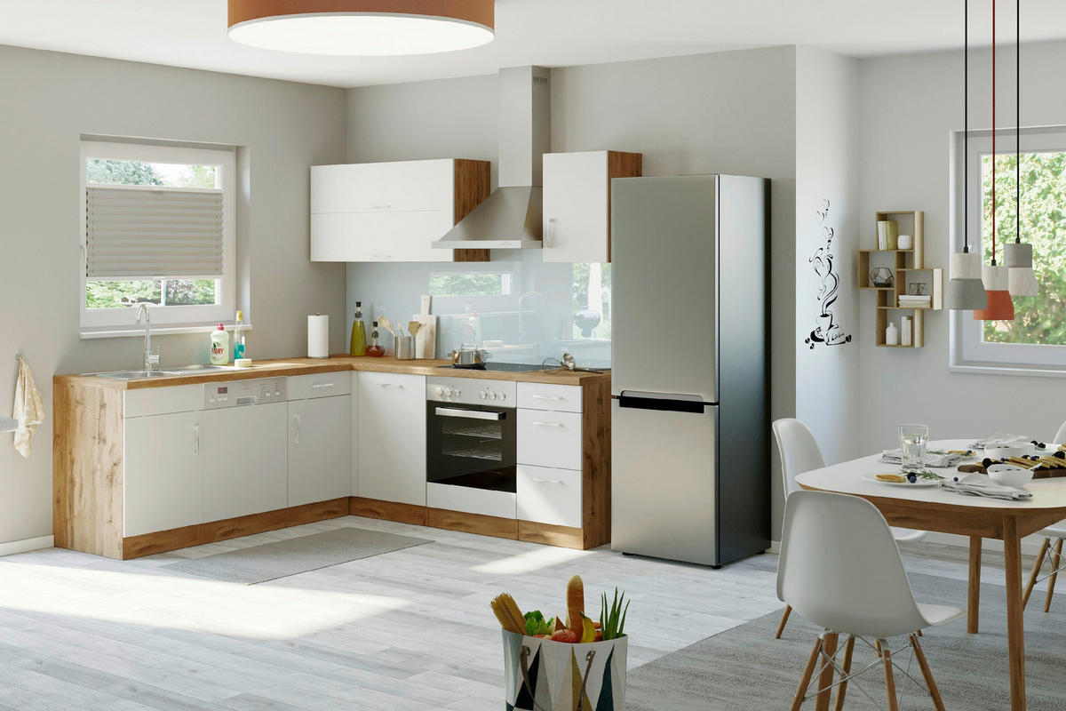 ECKKÜCHE 210/210 cm  in Weiß  - Eichefarben/Alufarben, MODERN, Holzwerkstoff/Metall (210/210cm) - Held