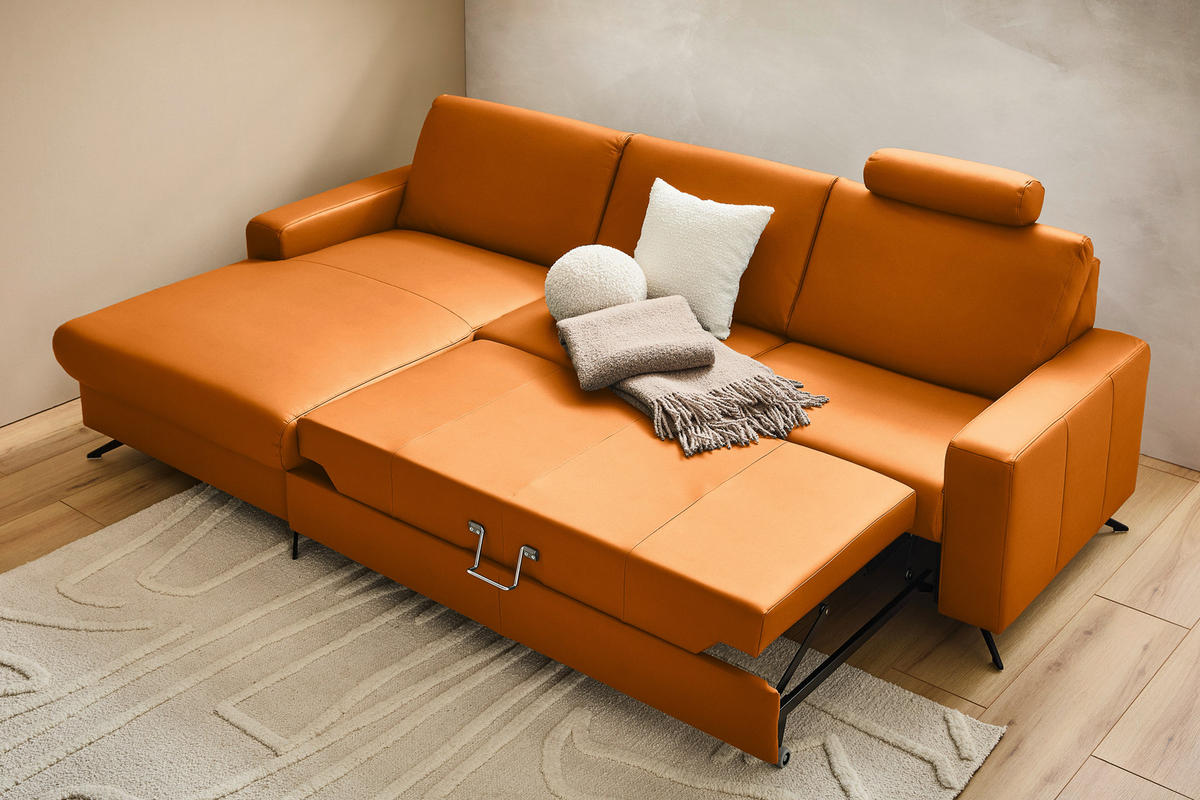 ECKSOFA in Echtleder Orange  165/267 cm  - Schwarz/Orange, Design, Leder/Metall (165/267cm) - Lomoco