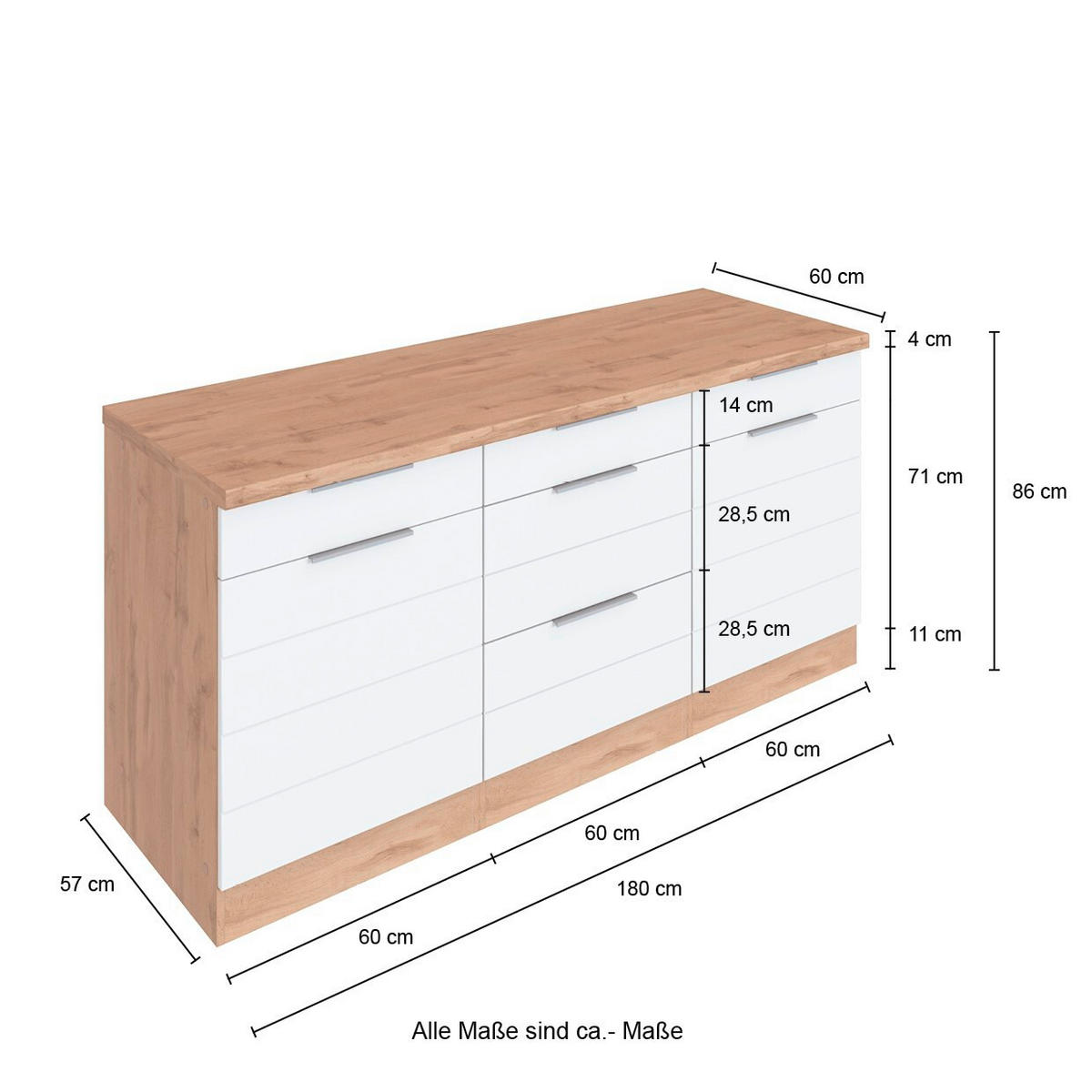 KÜCHENUNTERSCHRANK 180/86/60 cm  in Weiss, Eiche Wotan  - Weiss/Eiche Wotan, Design, Holzwerkstoff/Metall (180/86/60cm) - Held