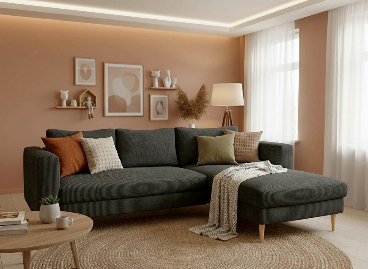 ECKSCHLAFSOFA  mit Rücken echt, Armteil links, Armteil rechts Cord Dunkelgrau  - Dunkelgrau/Buchefarben, MODERN, Holz/Textil (232/161cm) - Trendmanufaktur