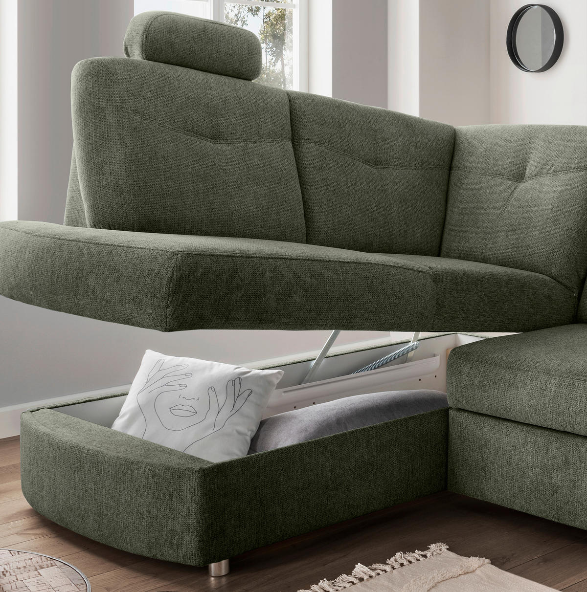 ECKSCHLAFSOFA in Chenille Dunkelgrün  - Chromfarben/Dunkelgrün, Modern, Kunststoff/Textil (180/264cm) - Livetastic